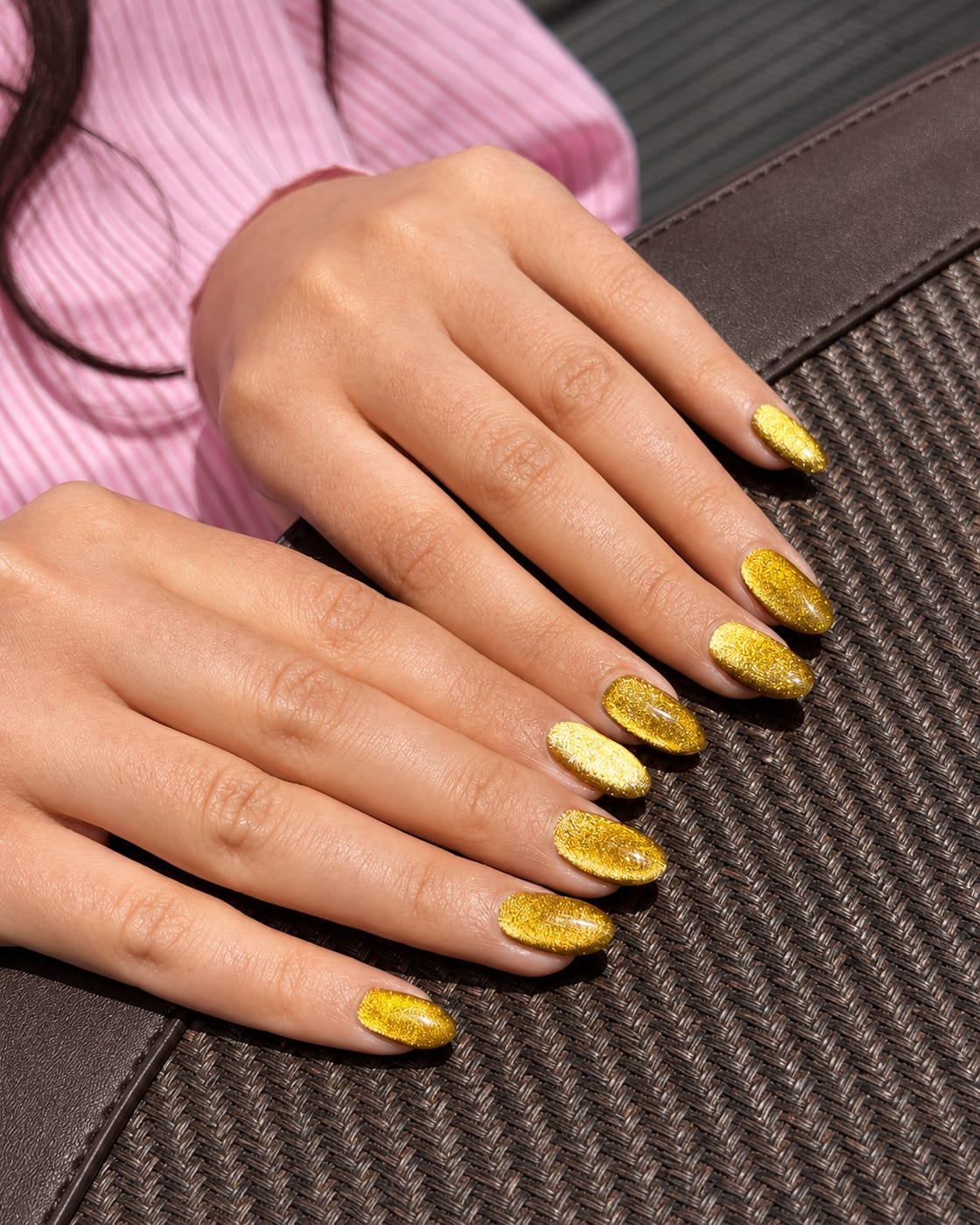 Gold glitter almond manicure created by Mary in Yorkville