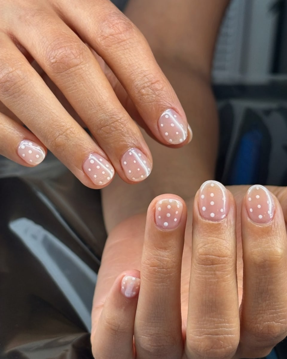 Sheer pearl manicure with precise white polka dots created by Mary