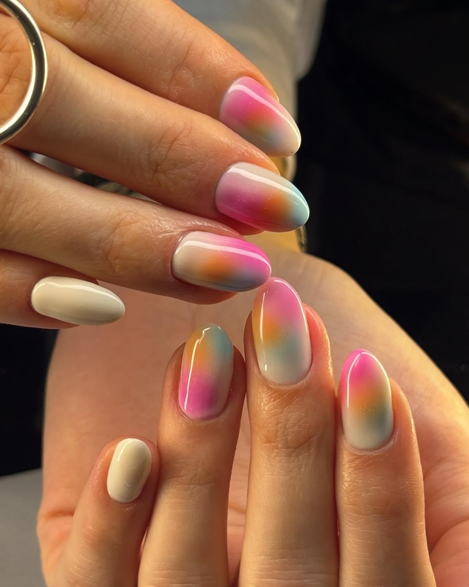 Pink, orange and blue aura ombré manicure created by Mary