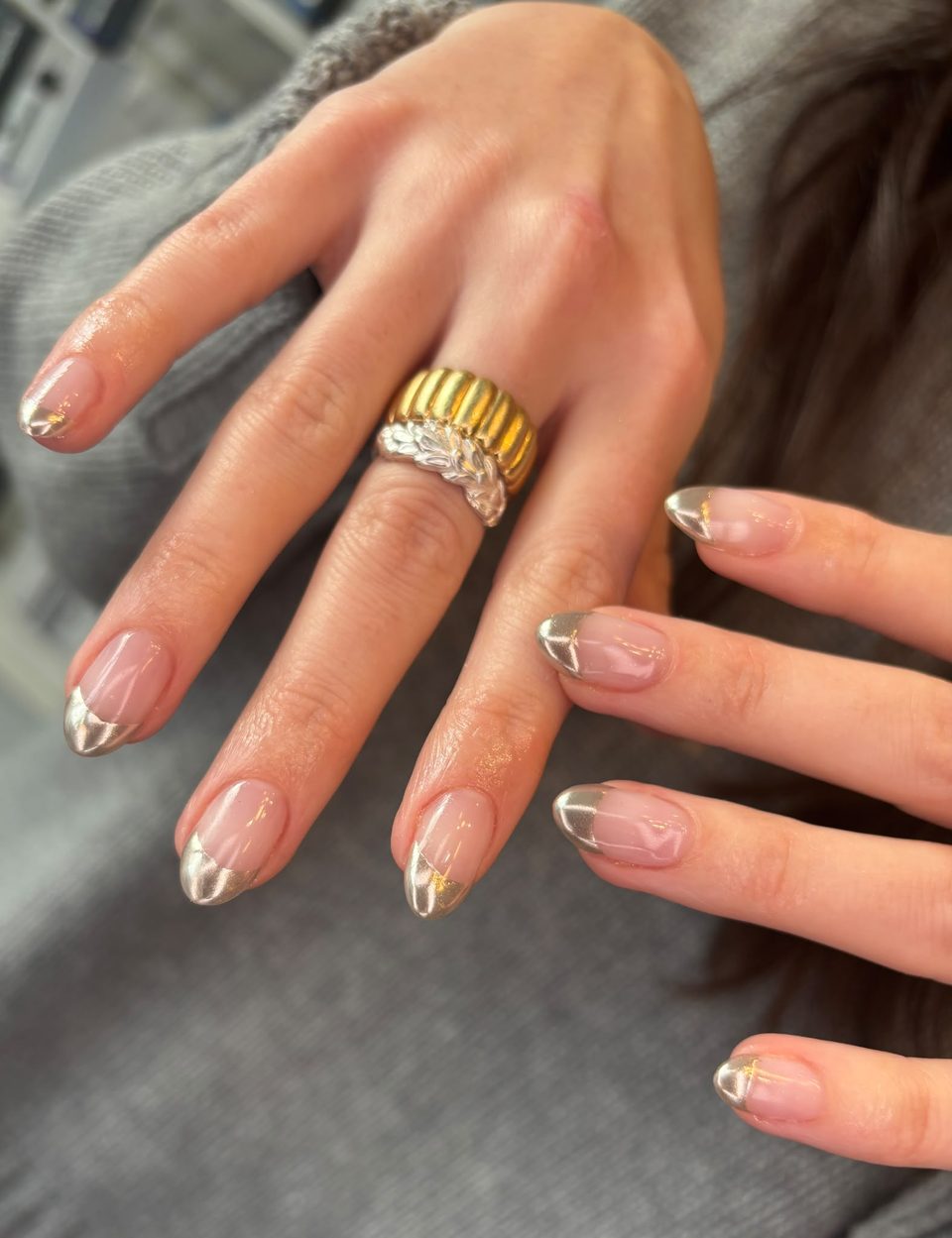 Medium almond silver French manicure by Mary